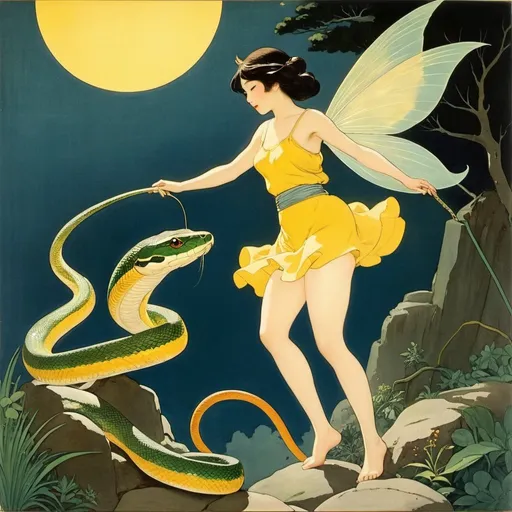 Prompt: Ethel Franklin Betts, Tachibana Higuchi, Hippolyte de la Charlerie full colours, Jacques Laudy, Surrealism, mysterious, bizarre, fantastical, fantasy, Sci-fi, Japanese anime, beginning and end, nature and magic, the snake and the fire lizard, the spiral and the labyrinth, the encounter between a miniskirt beautiful girl and a fairy, perfect voluminous bodies, detailed masterpiece low high angles perspectives 