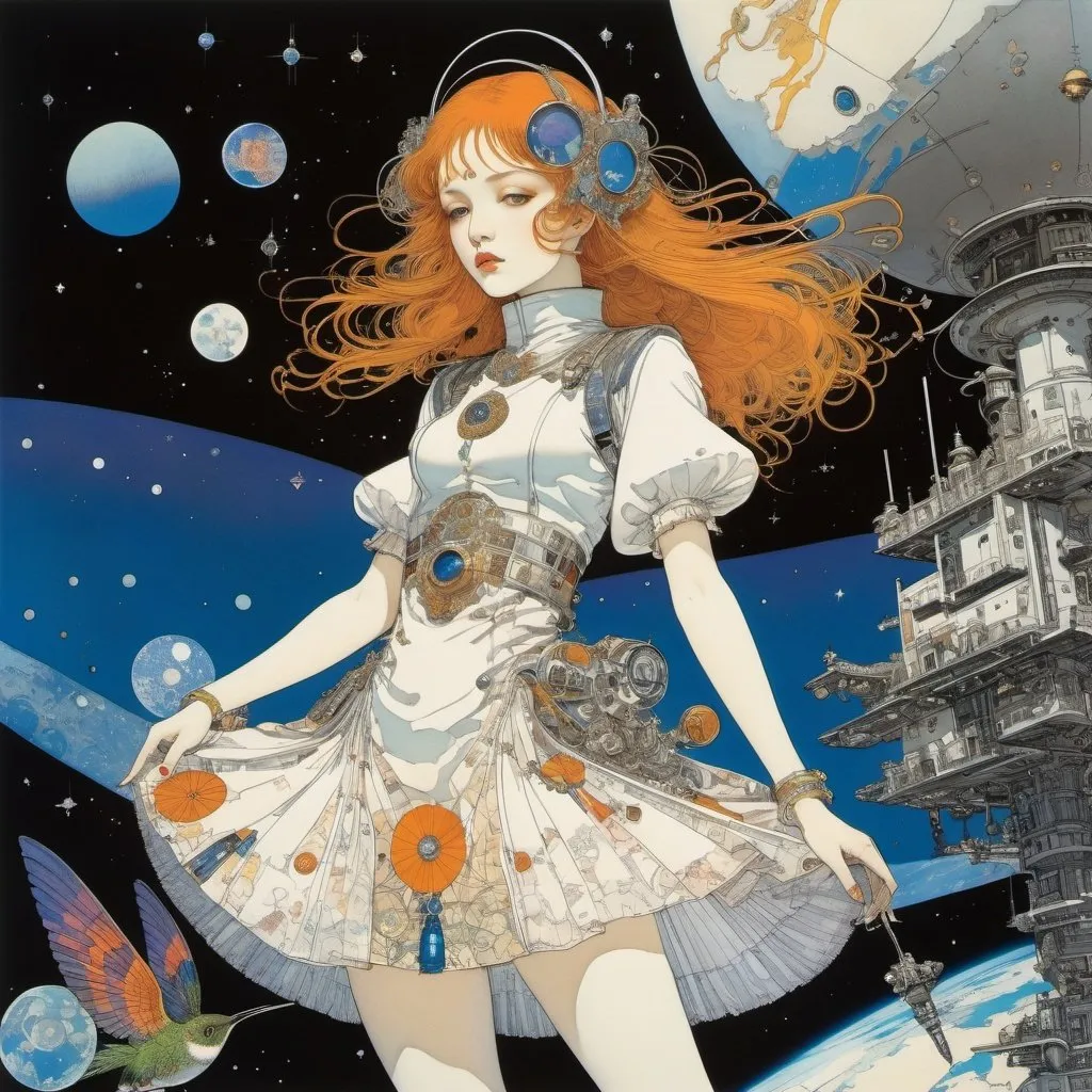 Prompt: Harry Clarke, Katsuya Terada, Surreal, mysterious, strange, fantastical, fantasy, Sci-fi, Japanese anime, Hummingbird and miniskirt beautiful girl, space station, detailed mechanics masterpiece 