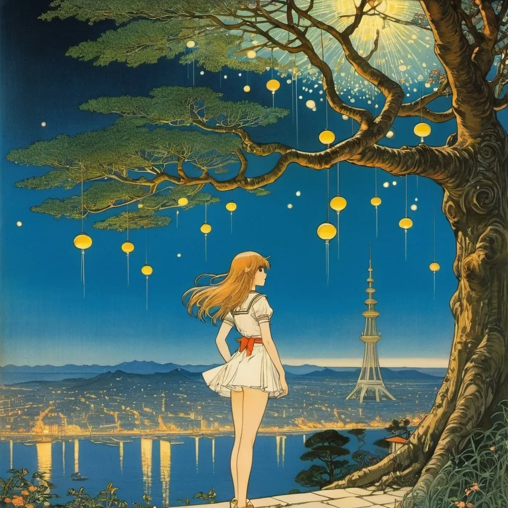 Prompt: Walter Crane, Leon Benigni, Surreal, mysterious, strange, fantastical, fantasy, Sci-fi, Japanese anime, future city on the tree, sea coming, fireflies, beautiful high school girl in miniskirt, perfect voluminous body, detailed masterpiece 