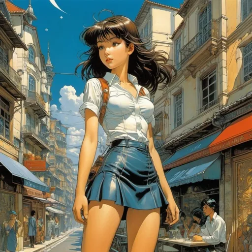 Prompt: Jean-Pierre Gibrat, Masamune Shirow, François Schuiten, Frank R. Paul, Yacine Elghorri, Surrealism, wonder, bizarre, fantastical, fantasy, Sci-fi fantasy, anime, a mini-skirt beautiful high school girl who collects fragments of glass words on street corners, perfect voluminous body, darkness full of moonlight, the sun beyond the night, a tower built up higher forever, detailed masterpiece 