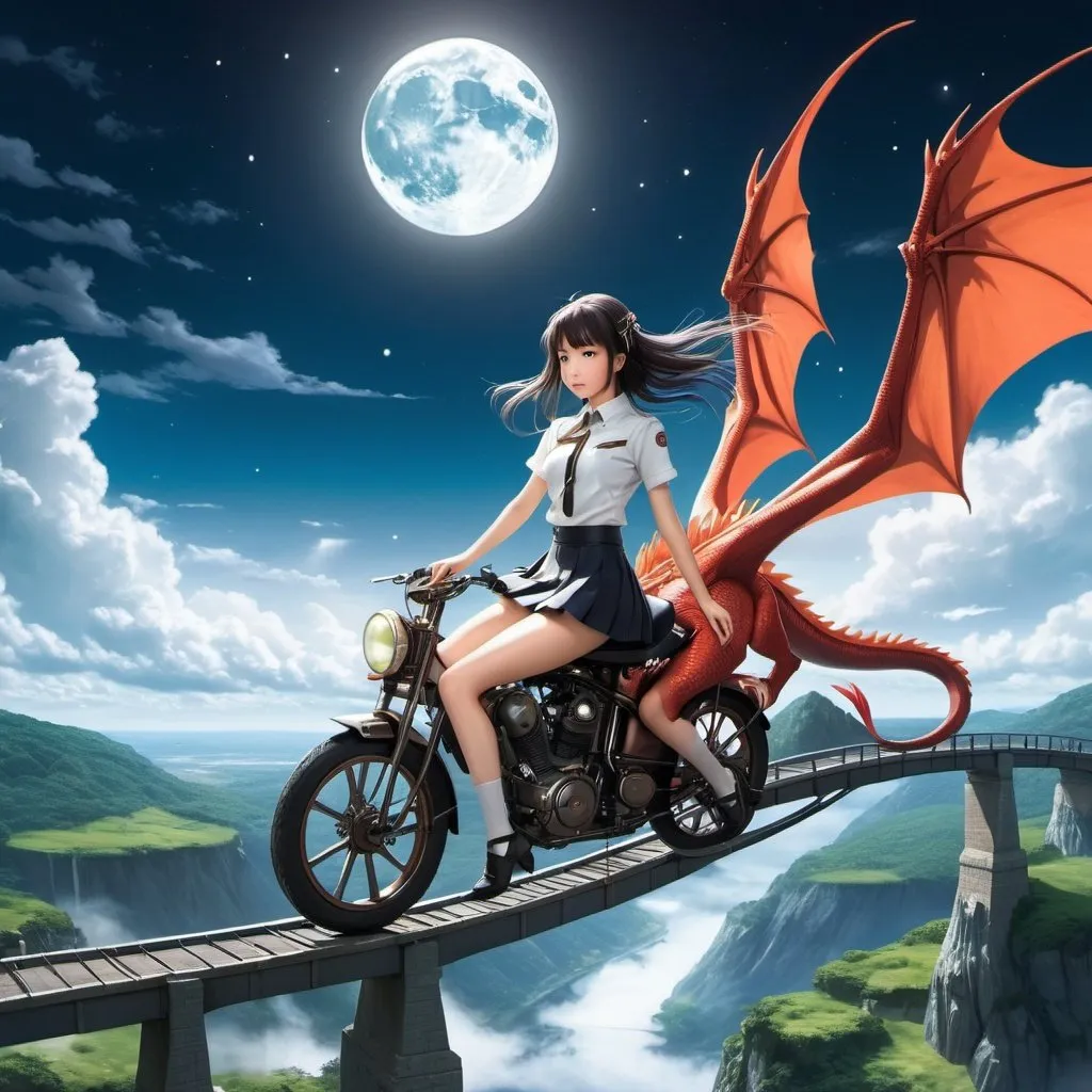 Prompt: Sergei Soudeikine, Kotomi Aoki, Surreal, mysterious, strange, fantastical, fantasy, Sci-fi, Japanese anime, miniskirt beautiful girl riding a dragon, perfect voluminous body, bird's eye view, bridge to the moon, detailed masterpiece 