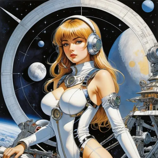 Prompt: Walter Crane, Avis Acres, Martin Emond, Masamune Shirow, Andres Barrioquinto, Surrealism, wonder, bizarre, bizarre, fantasy, Sci-fi, Japanese anime, cartography of the dark side of the moon, triangulation, compass, measuring wheel, quadrant, beautiful girl in a space suit, perfect voluminous body, detailed masterpiece 