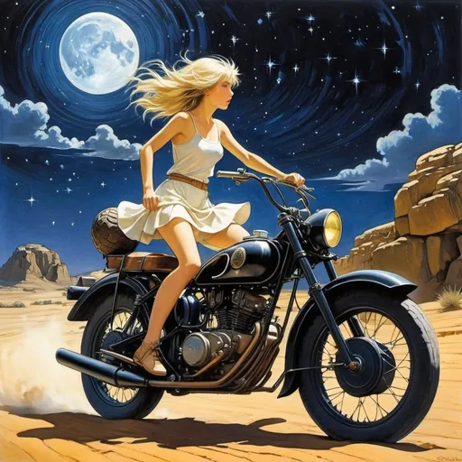 Prompt: Cecile Walton, Robert Anning Bell, Helen Stratton, Surreal, mysterious, bizarre, fantastical, fantasy, sci-fi, Japanese anime, dark night journey in the desert, starry night in the dark, distant megalithic civilization ruins, miniskirt beautiful girl running through on a motorcycle, perfect voluminous body, detailed masterpiece perspectives angles 