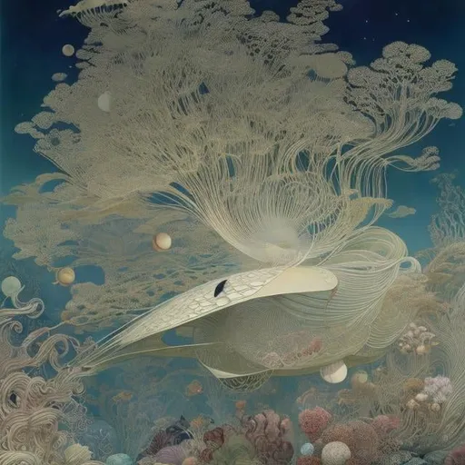 Prompt: Kay Nielsen, Katsuhiro Otomo, Masamune Shirow, Heath Robinson, Japanese Anime, Surreal Mysterious Weird Fantastic Fantasy Sci-Fi, Fantastic, A galaxy sleeping at the bottom of the ocean, hyper detailed, high resolution high definition high quality masterpiece 