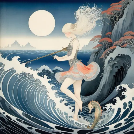 Prompt: Kay Nielsen, Zoe Mozert, Surreal, mysterious, strange, fantastic, fantasy, sci-fi, Japanese anime, beautiful girl in a miniskirt cutting out the sea, perfect voluminous body, coral, seahorse to catch fish, detailed masterpiece 