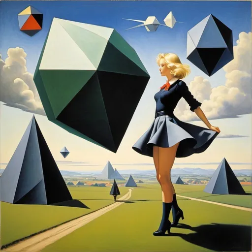 Prompt: Henning Wagenbreth, Lucia Calfapietra, Franz Jüttner, Lyonel Feininger, Surrealism, strange, bizarre, fantastical, fantasy, Sci-fi, Japanese anime, geometric aspects of finite reflection groups, root system, hyperplane arrangement, polyhedron theory, Coxeter group, beautiful blonde miniskirt girl Alice and the cat, perfect voluminous body, detailed masterpiece 