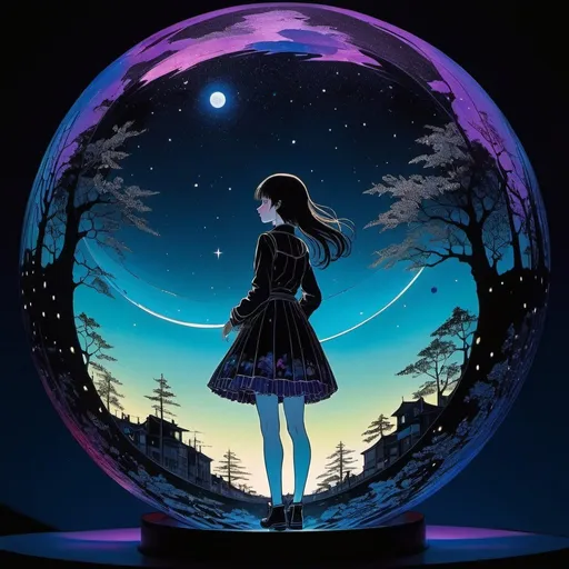 Prompt: Harry Clarke, Noel Halle, Surreal, mysterious, strange, fantastical, fantasy, Sci-fi, Japanese anime, night sky in a glass sphere, distance in the darkness, beautiful high school girl in a miniskirt, perfect voluminous body, detailed masterpiece 