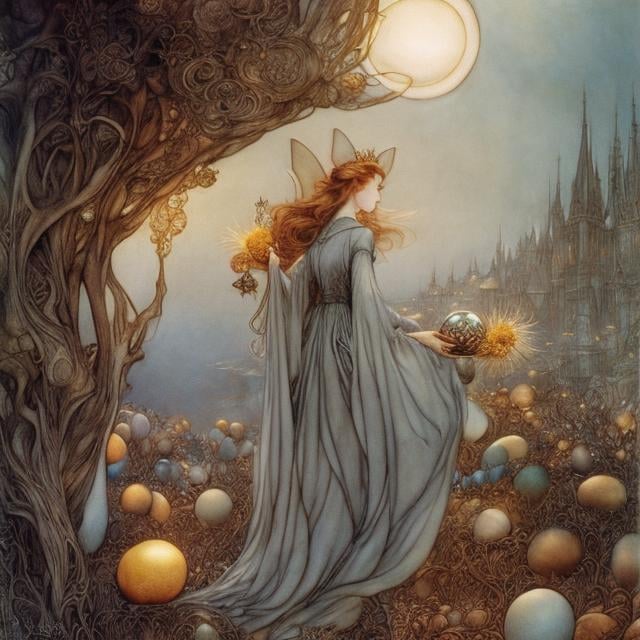 Prompt: Arthur Rackham, Surreal, mysterious, strange, fantastical, fantasy, Sci-fi, Japanese anime François Schuiten art style, A fairy queen holding a large egg and warming it, a young miniskirt beauty, perfect voluminous body, hyper detailed masterpiece high resolution definition quality, depth of field cinematic lighting 