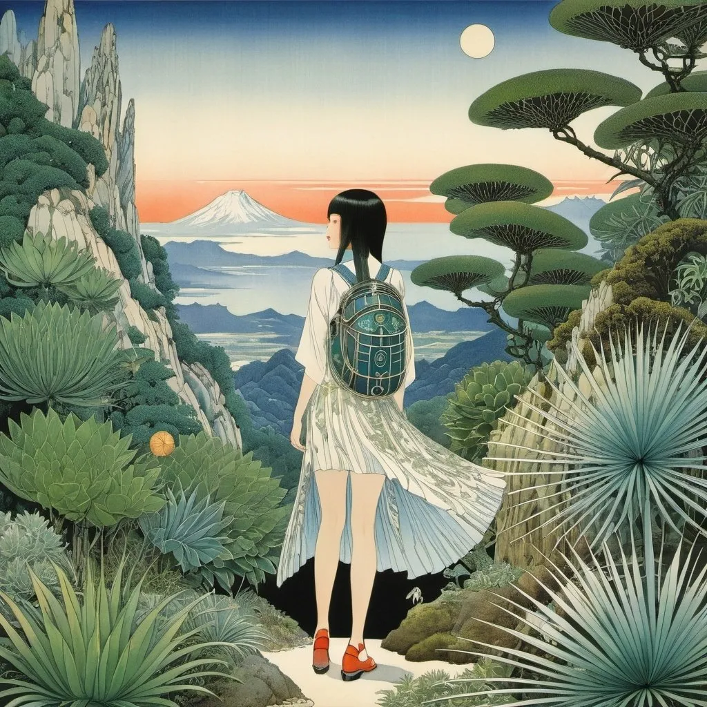 Prompt: Kay Nielsen, Yoshitaka Amano, Iwona Chmielewska, Tomoyoshi Murayama, George Barbier, Surrealism, wonder, strange, fantastical, fantasy, Sci-fi, Japanese anime, Pachypodium house, Bikaku fern bird, agave mountain, Pachypus turtle, beautiful blonde miniskirt girl Alice who grows rare plants, perfect voluminous body, detailed masterpiece 