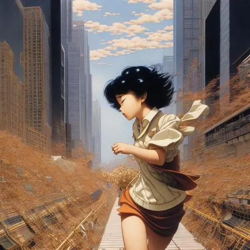 Prompt: Katsuhiro Otomo, Kenji Tsuruta, Winsor McCay, Surreal, mysterious, strange, fantastical, fantasy, Sci-fi, Japanese anime, Wonderland of fools, sense of collapse, Newton, garden, painting, and literature are connected, beautiful girl in miniskirt running at full speed, perfect voluminous body, hyper detailed masterpiece high resolution definition quality, depth of field cinematic lighting 
