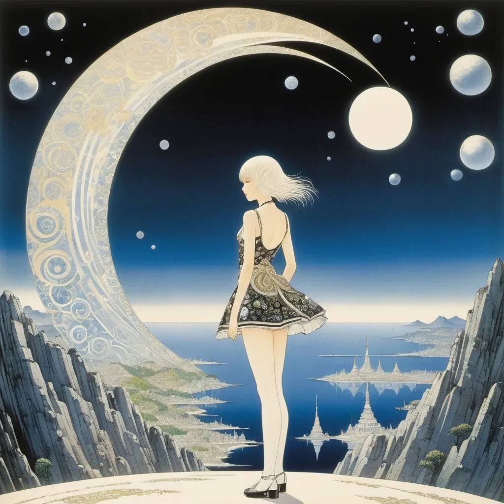 Prompt: Kay Nielsen, Kaye Kessing, Katsuhiro Otomo, Surrealism, wonder, strange, fantastical, fantasy, Sci-fi, Japanese anime, the power of a mini-skirt beautiful girl, perfect voluminous body, the place where God can be seen, numbers, souls, and places, detailed masterpiece 