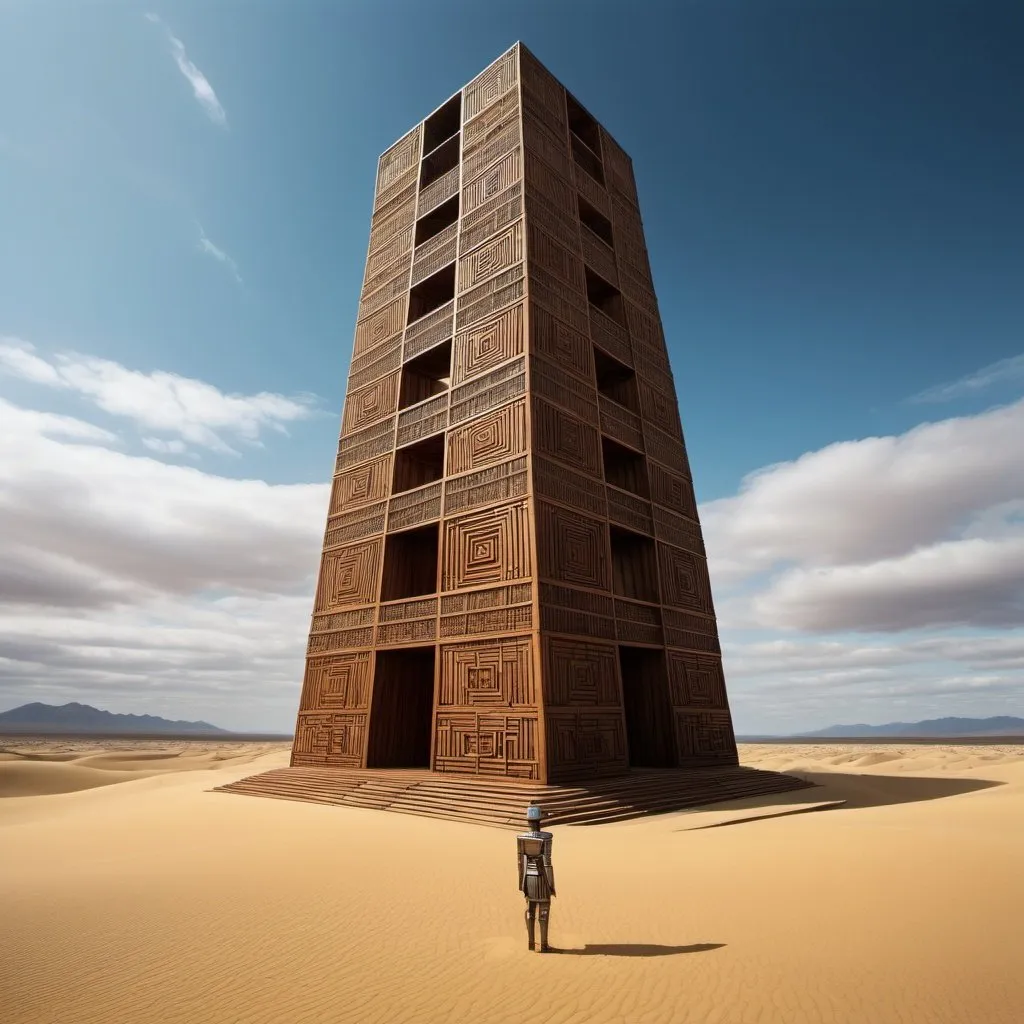 Prompt: Wladyslaw Benda, Kentaro Yabuki, Surreal, mysterious, bizarre, fantastical, fantasy, Sci-fi, Japanese anime, a giant wooden mannequin sinking into the desert, the Spiral Tower of Babel towering in the distance, a multicolored transparent sky, a metal cube, detailed masterpiece wide angle views