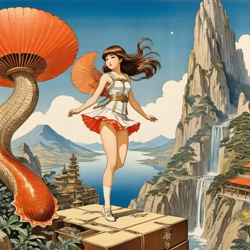 Prompt: Kōjirō Akagi, Walter Crane, Surreal, mysterious, bizarre, fantastic, fantasy, Sci-fi, Japanese anime, mountains in a box, beautiful girl in a flying miniskirt, perfect voluminous body, microscope and ammonite fossil, coral palace, 