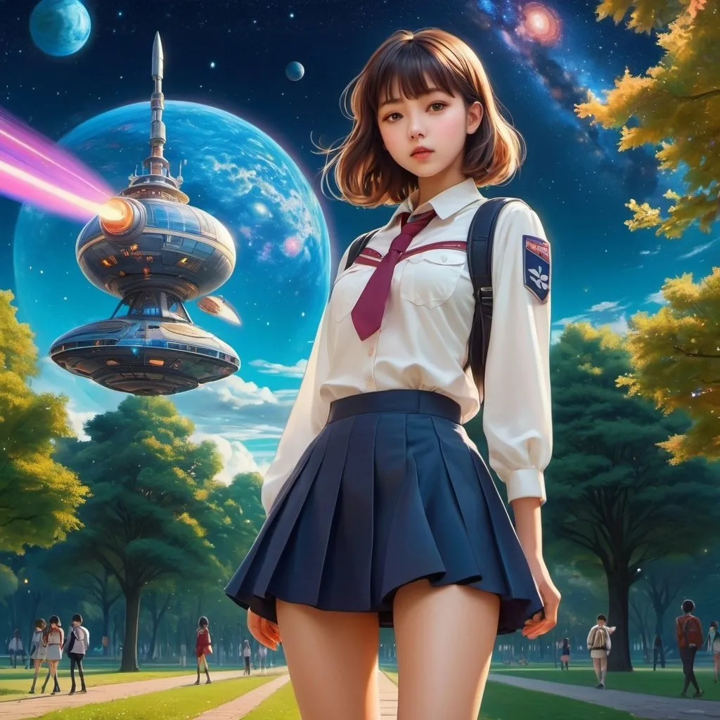 Prompt: Johann Baptist Zwecker, Vladimir Lebedev, Eugene Lanceray, Surrealism, wonder, strange, bizarre, fantasy, Sci-fi, Japanese anime, spaceship in the park, beautiful high school girl in a miniskirt found while walking with cat, perfect voluminous body, galaxy in the evening sky, detailed masterpiece 