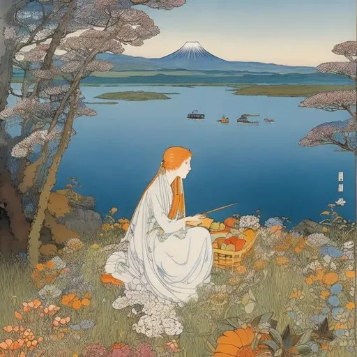 Prompt: Elsa Beskow Ukiyo-e style, Surreal Mysterious Weird Fantastic Fantasy Sci-fi, Japanese Anime, Doomsday Picnic, Motorcycle Beautiful Girl, planets in Bottles, detailed masterpiece 