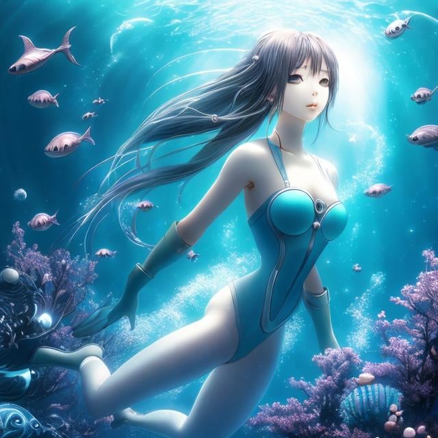 Prompt: Natsuki Takaya, A E Marty, Surreal, mysterious, bizarre, fantastical, fantasy, Sci-fi, Japanese anime, the unknown world of the deep sea, marine snow, creatures floating in the deep sea, beautiful girls in mechanical suits swimming freely in the deep sea, perfect voluminous body, burning water, ruins, blue world, detailed masterpiece 