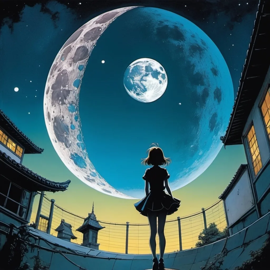 Prompt: Theodor Seuss (Dr Seuss) Geisel, Harry Clarke, Cecil Calvert Beall, Naoyuki Kato, Yuu Watase, Surrealism, Mysterious, Weird, Outlandish, Fantasy, Sci-Fi, Japanese Anime, Moon is A spherical mirror or reflecting the the universe, A beautiful high school girl in a miniskirt looking up at a 7 meter diameter moon floating in the schoolyard, perfect voluminous body, detailed masterpiece low high angles perspectives dynamic action 