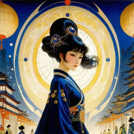 Prompt: Léon Bakst, Yoshitoki Ōima, Surreal, mysterious, strange, fantastical, fantasy, Sci-fi, Japanese anime, symbol of order and chaos called a festival city, dress of light and shadow, beautiful girl, watch manufacturing, detailed masterpiece 