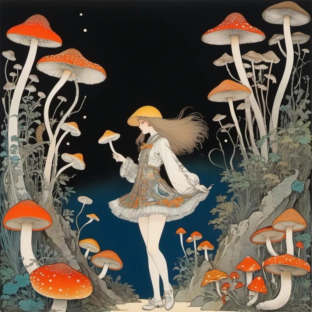 Prompt: Harry Clarke, Henri Privat-Livemont, Joseph Sattler, Maria Sibylla Merian, Shigeru Tamura, Surrealism, wonder, strange, bizarre, fantasy, Sci-fi, Japanese anime, picking mushrooms on bookshelves, exploring the kingdom of mushrooms and fungi, a night of falling spores, a beautiful high school girl in a miniskirt who loves mushroom pots, perfect voluminous body, detailed masterpiece dynamic action 