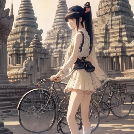 Prompt: Charles Robinson, Katsuhiro Otomo, Japanese anime mysterious strange bizarre surreal sci-fi fantasy miniskirt high school girl bicycle trip Angkor Wat, hyperdetailed high resolution high definition high quality masterpiece