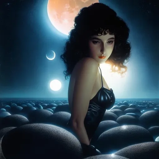 Prompt: BERNARD FIÈVRE, Harold Noecker, Surreal, mysterious, strange, fantastical, fantasy, Sci-fi, Japanese anime, visual dynamics of darkness, blueprint of the full moon, comet sinking into glass, beautiful girl in a glass miniskirt, perfect voluminous body, detailed masterpiece 
