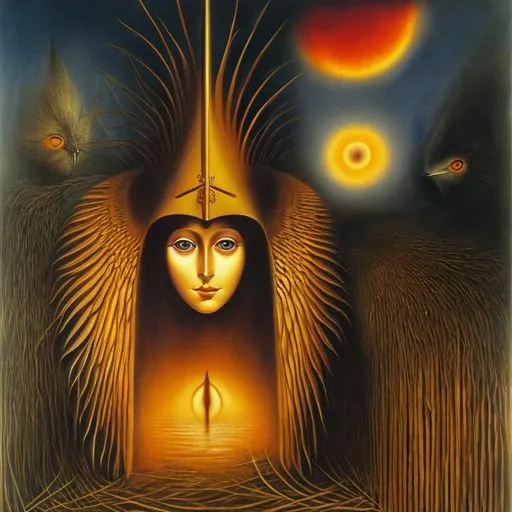 Prompt: Remedios Varo, Molly Brett, Surreal Anime Mysterious Weird Fantastic Fantasy Sci-Fi Fantasy You are the ruler of the flesh and blood mask, the universe, the beating of your wings, you who bear the name of a human being Burning heat and strife Turning backwards across the ocean, we walk southward Go ahead