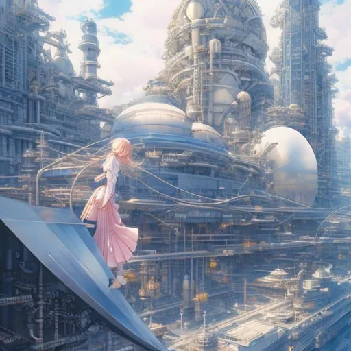 Prompt: Margaret Tarrant, katsuhiro Otomo, Japanese anime, surreal mysterious strange bizarre fantasy sci-fi, perpetual motion machine, architecture on paper, perspective view, cross-section, perfect voluminous body girl Alice, rocket, celestial globe, detailed, high resolution definition quality masterpiece 