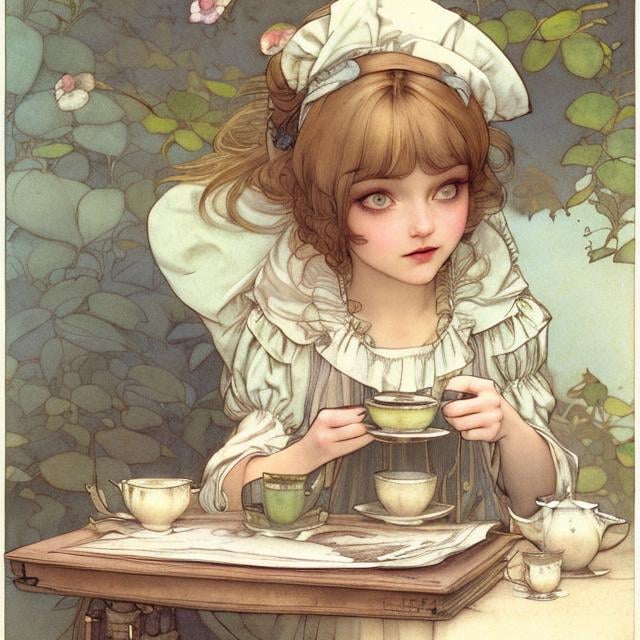 Prompt: Kate Greenaway,  Jessie Willcox Smith, Heikala, Alice in wonderland, blonde girl, having tea, hyper detailed, high resolution, high definition, high quality, masterpiece, Japanese anime, manga lines, realistic 
