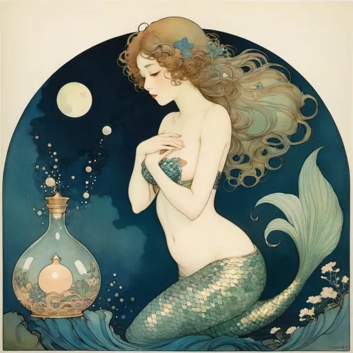 Prompt: Edmund Dulac, Yoshitoki Ōima, Surreal, mysterious, strange, fantastical, fantasy, Sci-fi, Japanese anime, beautiful mermaid in a flask, perfect voluminous body, coquettish shy blushing embarrassed, detailed masterpiece hand colours drawings