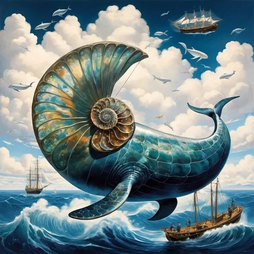 Prompt: Ajubel, Aquirax Uno, Baron Yoshinori, Murray Tinkelman, Edward McKnight Kauffer, Surrealism, wonder, strange, bizarre, fantasy, sci-fi, Japanese anime, a school of humpback whales swimming in the sky, a sailing ship sailing on a sea of ​​clouds, a beautiful captain in a miniskirt, perfect voluminous body, transparent ammonite, detailed masterpiece 