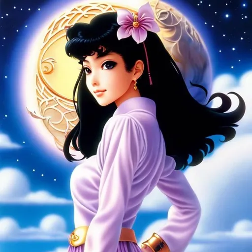 Prompt: Mia Araujo, Naoko Takeuchi, Mysterious, surreal, fantastical, fantasy, Sci-fi, Japanese anime, the great gate of the desert, the overflowing sea, the boat on the waves, the beautiful girl, perfect voluminous body, detailed masterpiece 