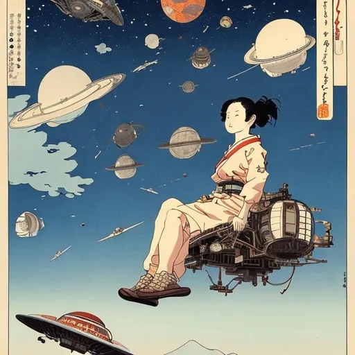 Prompt: Ukiyo-E Katsuhiro Otomo, Margaret Tarrant, Japanese high school girl, short dark hair, looking up sky above, spacecraft in the sky, blue sky with clouds. manga lines, cowboy shot