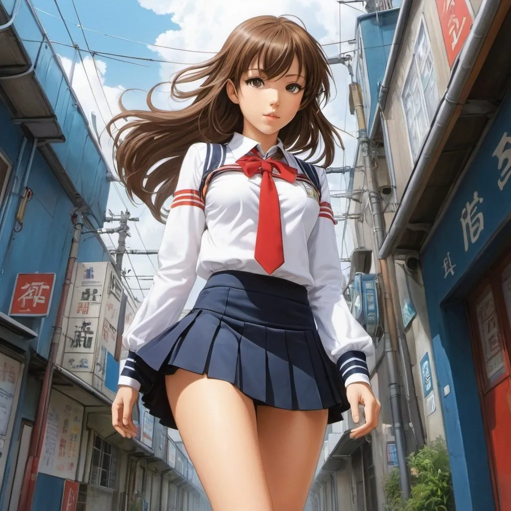 Prompt: Malcolm Smith, Olivier Ledroit, Surreal, mysterious, strange, fantastical, fantasy, Sci-fi, Japanese anime, archetype miniskirt beautiful high school girl, perfect voluminous body, Star Drive, detailed masterpiece 