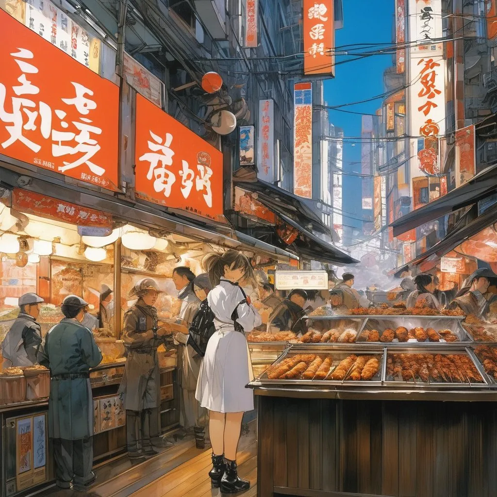 Prompt: Masamune Shirow, Anne Anderson, Surreal, mysterious, strange, fantastical, fantasy, Sci-fi, Japanese anime, Yakitori stall, beautiful girl in a mechanical suit eating Yakitori, perfect voluminous body, Shinjuku Kabukicho, crowd, detailed masterpiece 