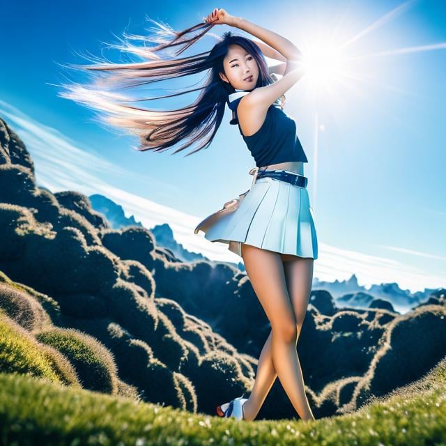 Prompt: Shun Matsuena, Arthur Rackham, Surreal, mysterious, bizarre, fantastical, fantasy, Sci-fi, Japanese anime, Alice, a beautiful blonde girl in a miniskirt enjoying golf, perfect voluminous body, over 100 yards, dynamic, using her body to the fullest, blue sky, nice shot!, hyper detailed masterpiece 