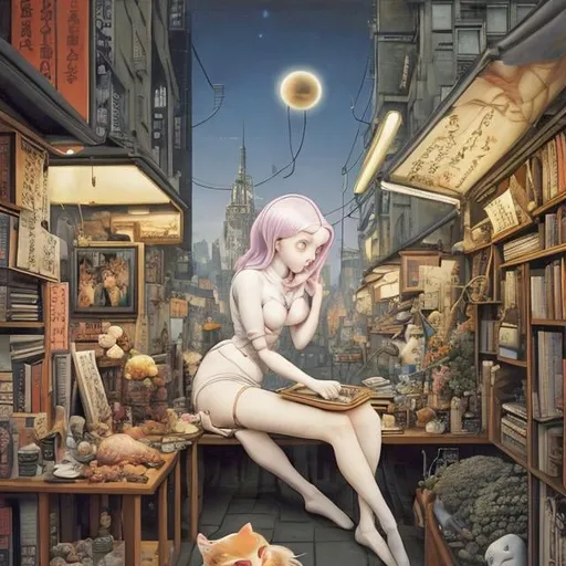 Prompt: 
Paul Delvaux, Elsa beskow, Surreal, mysterious, strange, fantastical, fantasy, Sci-fi, Japanese anime, Jimbocho used bookstore district, conveying knowledge to the future, Alice, a beautiful blonde miniskirt girl eating cutlet curry on the terrace on the street, along with her cat, perfect voluminous body, detailed masterpiece 