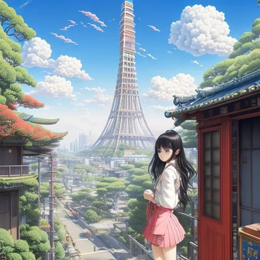 Prompt:  katsuhiro Otomo, Jean Giraud, surreal, mysterious, bizarre, fantastical, fantasy, sci-fi, fantasy, anime, battlefield of Tokyo, ruins, crumbling Tokyo Tower in the background, a few clouds in the blue sky, a door standing out, a beautiful miniskirt high school girl standing in front of the door, Japanese anime, detailed masterpiece depth of field, cinematic lighting 