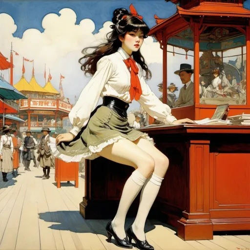 Prompt: Jessie M. King, Frederic Remington, Edwin Austin Abbey, Edward Penfield, Arthur Rackham, Surrealism, strange, bizarre, fantastical, fantasy, Sci-fi, Japanese anime, amusement park on the study desk, beautiful high school girl in a miniskirt who wanders into it, perfect voluminous body, detailed masterpiece 