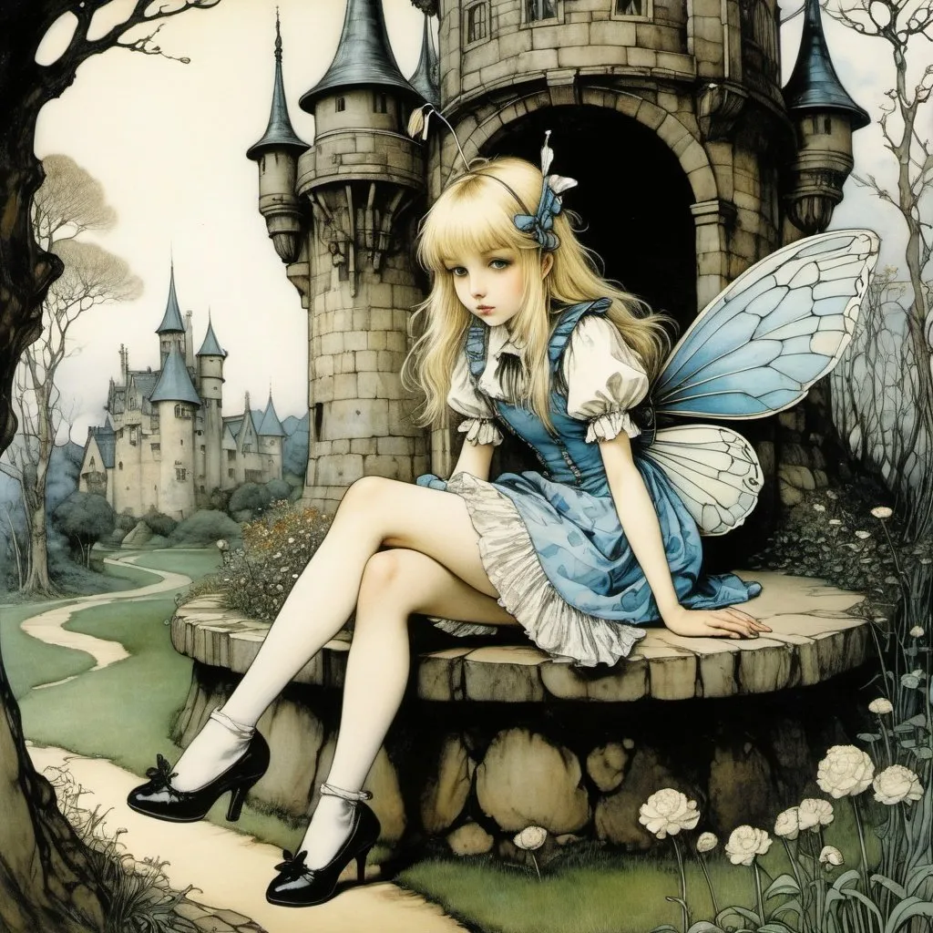 Prompt: Arthur Rackham, Russell Patterson, Surreal, mysterious, strange, fantastical, fantasy, Sci-fi, Japanese anime, Alice, a blonde miniskirt beautiful girl hatching from a chrysalis, castle, tea party, detailed masterpiece 