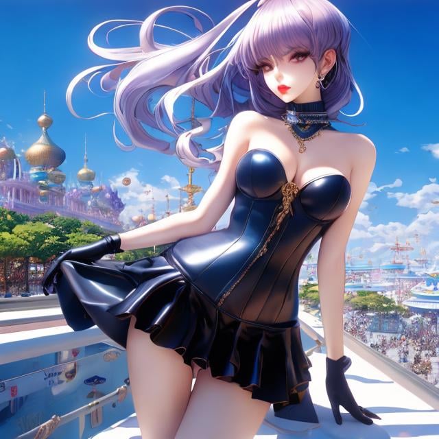 Prompt: Marina Federovna, Masamune Shirow, Surreal, mysterious, strange, bizarre, fantasy, Sci-fi fantasy, anime, night circus, beautiful miniskirt girl, perfect voluminous body, detailed masterpiece perspectives, wide angles