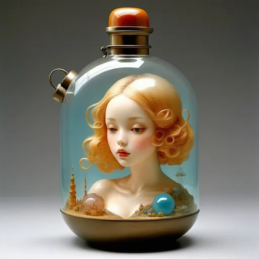 Prompt: William Soare, Hans Bellmer, Surreal, mysterious, strange, fantastical, fantasy, Sci-fi, Japanese anime, beautiful girl doll in a flask, colour hand drawings, detailed masterpiece 