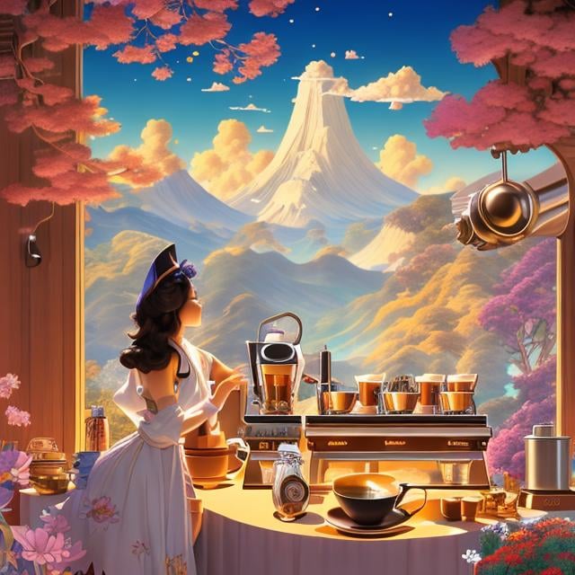 Prompt: Barbara Cooney, Jean Giraud, Mo Willems, Maxfield Parrish Japanese Anime Sci-Fi Fantasy The Science of Coffee items that are indispensable for daily life Unique flavor Artisan skills and wisdom cultivated at in-house roasting shops Automatic coffee roasting artisan equipment Cafe Girl Hyperdetailed High Resolution High Quality High Definition Masterpiece