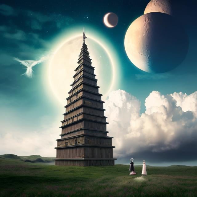 Prompt: John Austen, Vilhelm Bjerke-Petersen, Surreal, mysterious, bizarre, fantastical, fantasy, sci-fi, Japanese anime, a gigantic tower of building blocks, piercing the clouds that can reach the moon, small flying boats flying around in the air, a beautiful girl in a miniskirt looking up from the ground, derailed masterpiece 