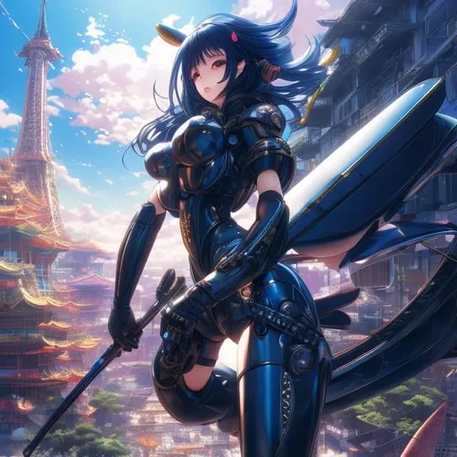 Prompt: Masamune Shirow, girl, surreal, mysterious, strange, fantastical, fantasy, sci-fi fantasy, the internet is the brain of the world, vibrant colors, masterpiece, sharp focus, best quality, depth of field, cinematic lighting, derailed high resolution definition quality masterpiece