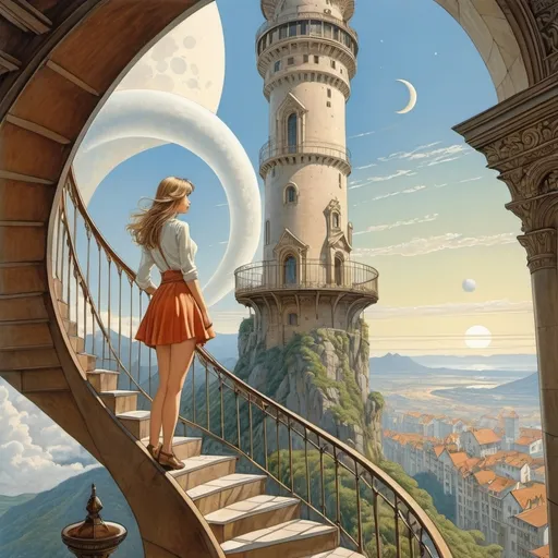 Prompt: Alexander Brodsky, Milk Morizono, Fyodor Schechtel, François Schuiten, Naoyuki Kato, Surrealism, wonder, strange, fantastical, fantasy, Sci-fi, Japanese anime, tower architecture assembled in language, glass crescent moon at midday, miniskirt beautiful girl climbing the spiral staircase outside the tower, perfect voluminous body, detailed masterpiece low high angles perspectives hand coloured fine line drawings 