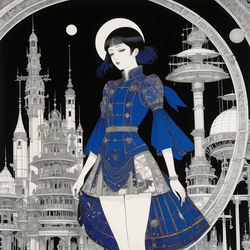 Prompt: Harry Clarke, Boleslas Biegas, Surreal, mysterious, strange, fantastical, fantasy, Sci-fi, Japanese anime, architecture, machinery, drawing, blueprint, perspective, perspective, cross-section, beautiful girl in miniskirt drawn on paper, perfect voluminous body, detailed masterpiece 
