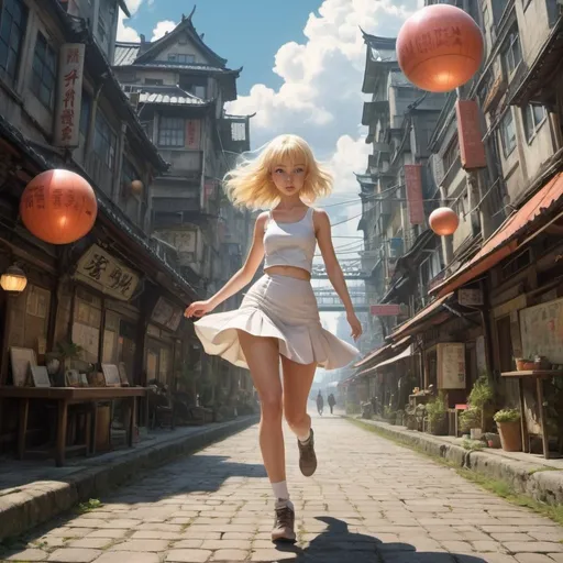 Prompt: Ruta Briede, Rie Cramer, Nelly Bodenheim, Thé Tjong-Khing, Surrealism, wonder, strange, fantastical, fantasy, Sci-fi, Japanese anime, North Bridge Ball,  a beautiful girl Venus in a miniskirt running around the world, perfect voluminous body, a fictitious future city as a text, detailed masterpiece low high angles