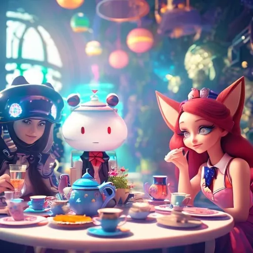 Prompt: Alice in wonderland, Alice in the world of future mechanics, robots, spaceships, having tea with cyborgs hatter