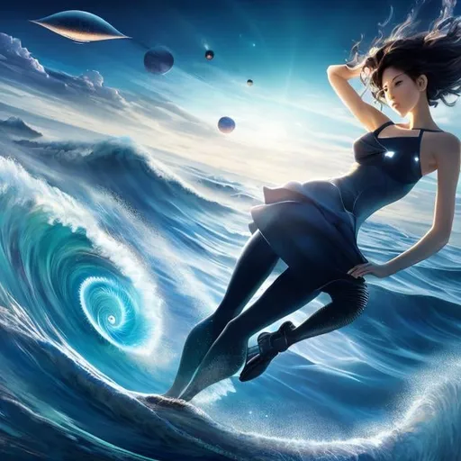 Prompt: Sakatsuki Sakana, Dariusz Zawadzki, Surreal, mysterious, strange, fantastical, fantasy, Sci-fi, Japanese anime, fragmented spiral of glass, developed view, perspective view, perspective, the other side of eternity, gravitational wave telescope, beautiful girl riding the waves, perfect voluminous body, 