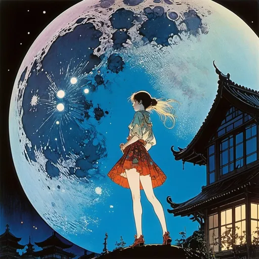 Prompt: Harry Clarke, Jean Giraud, Surreal, mysterious, strange, fantastical, fantasy, sci-fi, Japanese anime, a moon about 5 meters in diameter that fell in the backyard, a beautiful girl in a miniskirt looking at the moon, perfect voluminous body, detailed masterpiece cinematic lighting sharp focus 